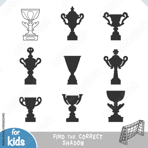 Sport trophy cup for kids activity. Find the correct shadow educational game. Black and white coloring page worksheet for train logic visual perception and attention for preschool learning