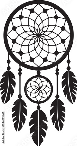 Dreamcatcher, bohemian vector icon, black silhouette, web pattern, feathers