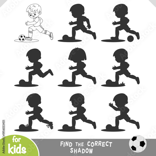 Cute football boy is running and kicking a ball. Find the correct shadow educational game for kids. Black and white logic worksheet for preschool activities and sports themed projects