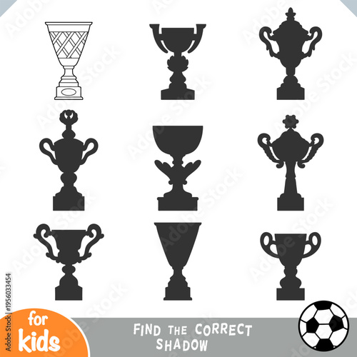 Sport trophy cup for kids activity. Find the correct shadow educational game. Black and white coloring page worksheet for train logic visual perception and attention for preschool learning
