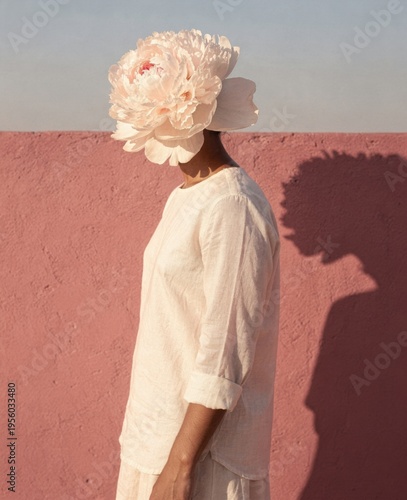 Surreal conceptual portrait of a woman with a large pink peony flower replacing her head standing against a pink wall for creative editorial fashion advertising