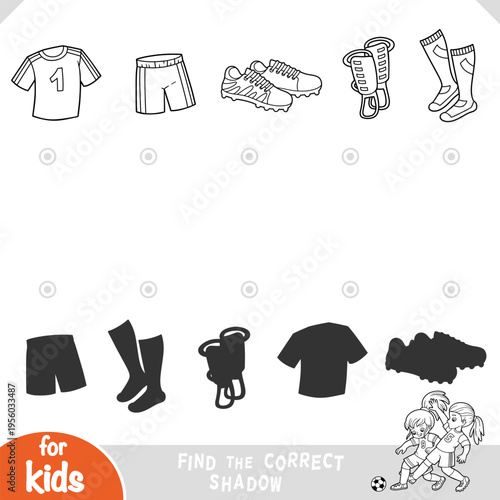 Find differences educational game for children, set of football sport wear and shoes. Black and white outline illustration for coloring pages. Printable worksheet for kids sport clubs