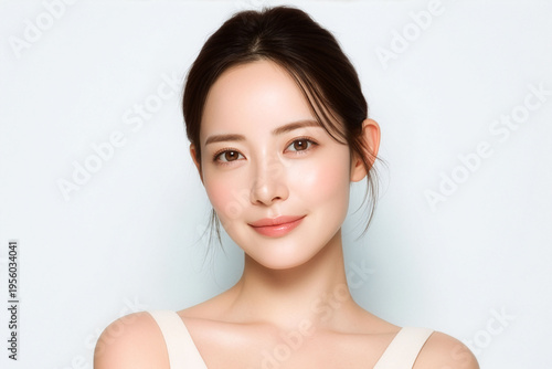 白背景で微笑む若い女性のビューティーポートレート、透明感のある美肌とナチュラルメイクの清潔感あるシンプルな広告イメージ