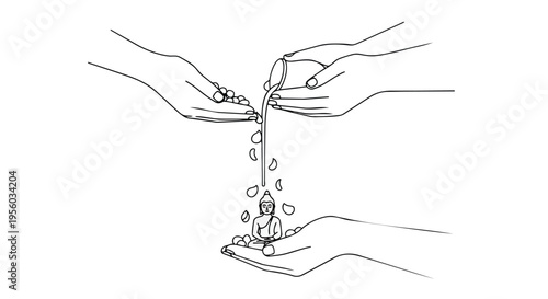 Flat 2D line drawing of two hands pouring water from one to another on a clean white background for Vesak or Purnima celebration in India
