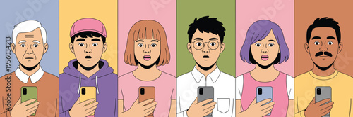 Diverse people shocked using smartphones, flat vector illustration, social media reaction concept, modern communication, digital addiction, mobile app users