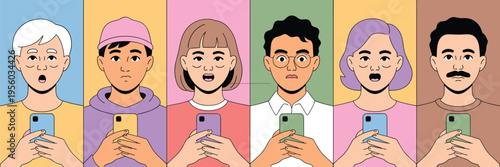 Diverse people using smartphones, flat vector illustration, social media addiction concept, modern communication, user emotions, mobile app usage characters