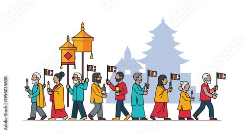 Flat 2D illustration of a procession celebrating Vesak or Purnima with people holding flags and lanterns in India, against a temple backdrop.