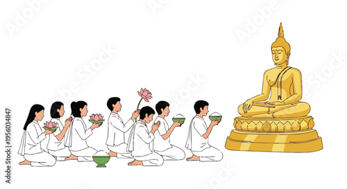 Flat 2D illustration of people in white robes offering flowers to a large golden Buddha statue on Vesak, Purnima in India.