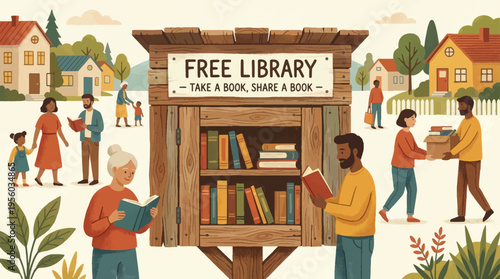 Community Free Library Vector Illustration: Diverse People Sharing Books in a Neighborhood Setting