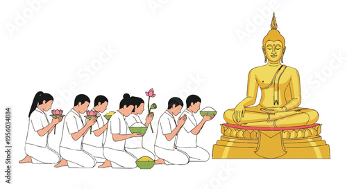 Flat 2D illustration of people in white robes offering flowers and candles to a large golden Buddha statue on Vesak, Purnima in India.