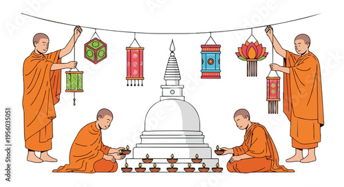Buddhist monks in orange robes decorating a white stupa with colorful lanterns on Vesak day in a flat 2D illustration with a calm and serene mood.