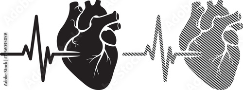 Medical illustration showing heart with electrocardiogram signals and blood flow patterns