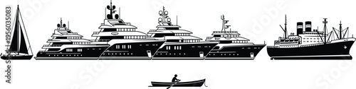 Boat ship silhouette illustrations, sail yacht ocean liner artwork, watercraft design collection, black white figure set, maritime stylized profiles