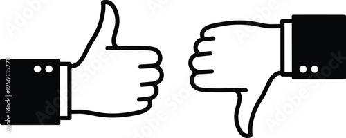 Thumbs up down silhouette illustration, approval disapproval artwork, feedback gesture design, black white figure set, evaluation stylized collection