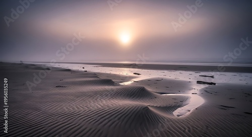 Sunset over serene sandy beach landscape.