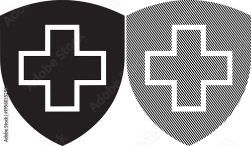Two heraldic shields featuring distinct cross designs on contrasting backgrounds
