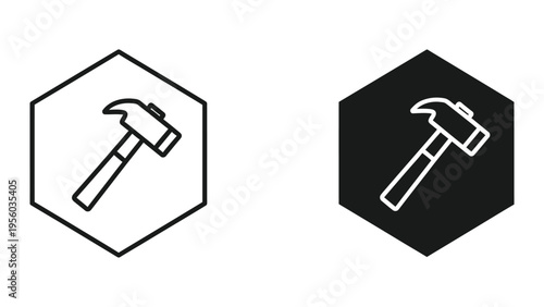 black and white hammer icons in hexagons vector illustration