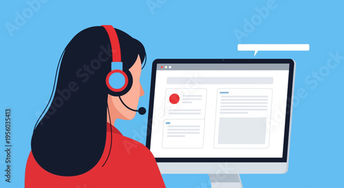 woman wearing headset working on computer with website on screen