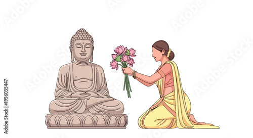 A woman in a yellow sari offering flowers to a Buddha statue on Purnima day during Vesak in India, depicted in a flat 2D illustration style with a serene and peaceful mood.