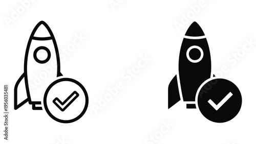 Black and white rocket ship icons with checkmarks vector illustration