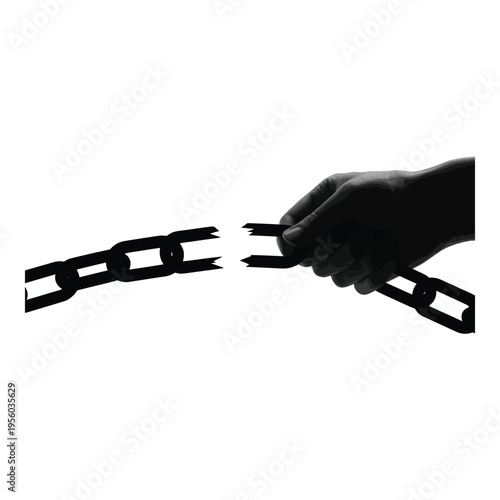 A hand breaking a chain on a white background