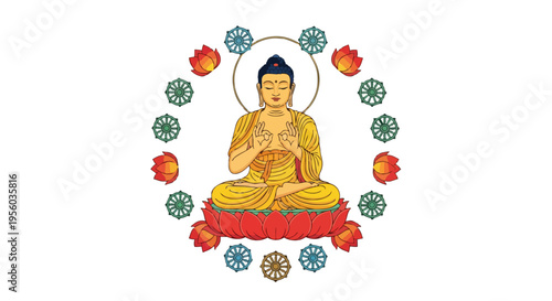 Flat 2D illustration of Buddha sitting in a meditative pose surrounded by colorful flowers and orbs on Vesak, Purnima in India.