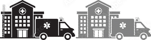 Emergency and medical services vehicles parked outside buildings with cross symbols.