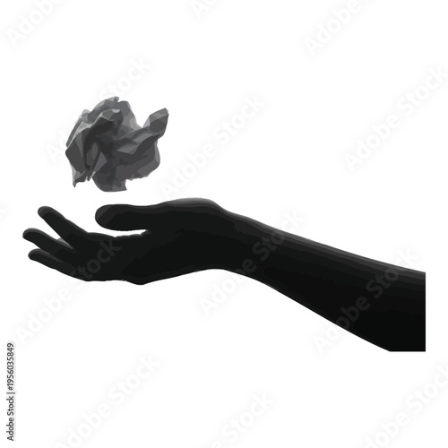 Black silhouette of a hand releasing a crumpled paper on white background