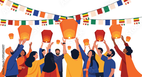Flat 2D illustration of a diverse group of people releasing lanterns on Vesak or Purnima in India with a vibrant and festive mood.