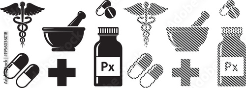 Collection of icons representing various aspects of pharmacy and medicine
