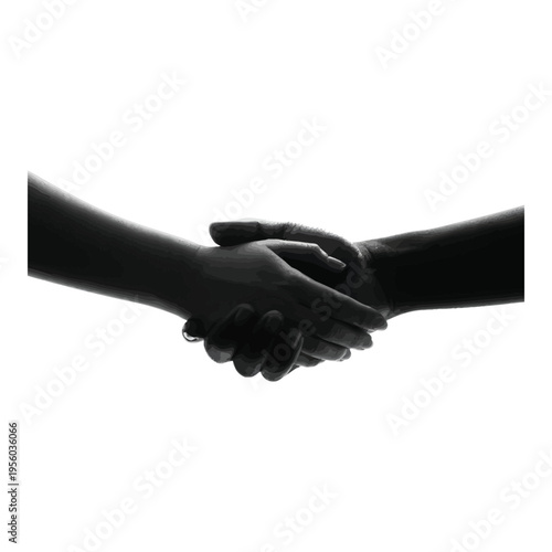 Silhouette of two people shaking hands isolated on white background