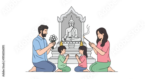 Flat 2D illustration of a family with two children praying or meditating near a Buddha statue on Vesak or Purnima in India with a serene mood.
