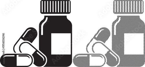 Pharmaceutical packaging featuring pills and capsules in bottles with abc branding