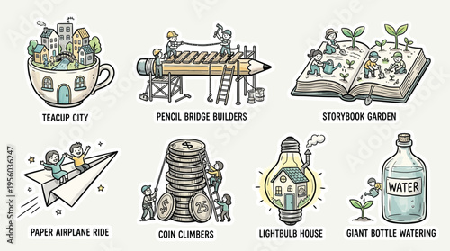 Whimsical illustrations depicting miniature worlds and creative activities like building a pencil bridge, living in a teacup city, and watering a storybook garden.