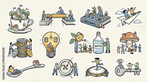 Collection of whimsical illustrations depicting tiny people interacting with objects and concepts like home, finance, dreams, and time.