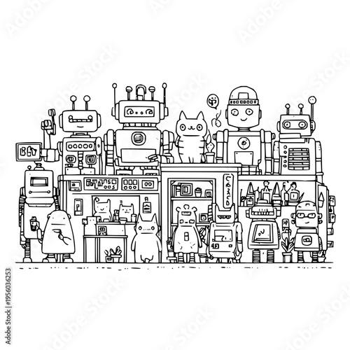 Whimsical cartoon scene depicts a bustling futuristic cafe filled with diverse friendly robots and cute cat like characters interacting serving drinks and food behind a counter