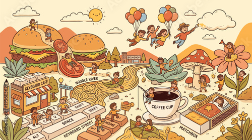 Whimsical illustration of tiny people interacting with oversized everyday objects like hamburgers, a keyboard, coffee cup, and matchbox in a playful, imaginative landscape.