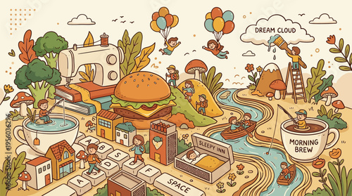 A whimsical and imaginative illustration depicting a vibrant landscape filled with daily life activities, nature, technology, and dream-like elements.