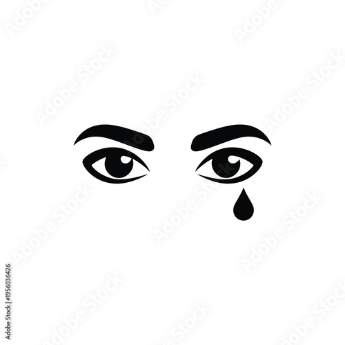 Vector illustration of human eyes with a single tear drop isolated on white background