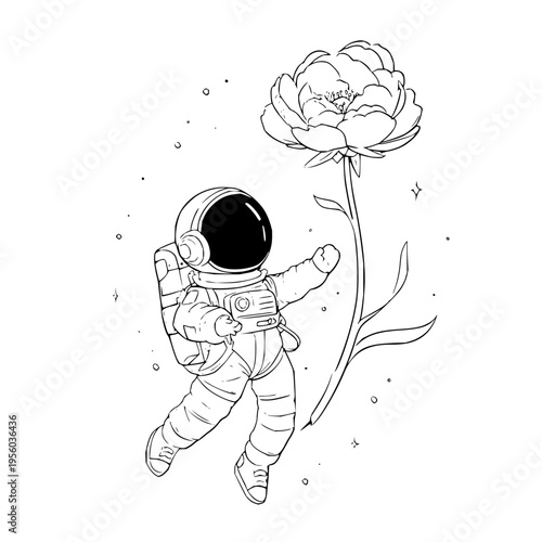 Whimsical astronaut in a spacesuit gracefully floats amidst a cosmic expanse reaching out to touch a delicate blooming flower on a long stem symbolizing discovery and the beauty