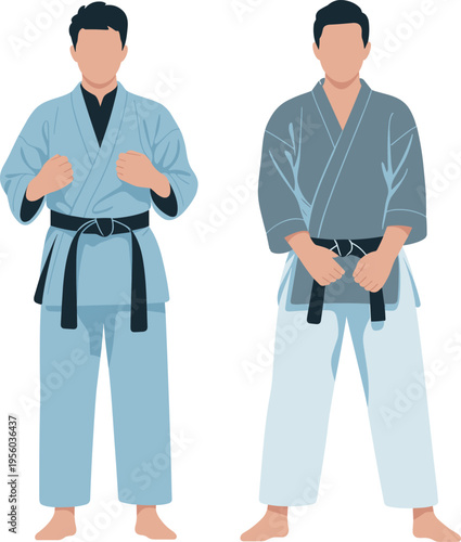 Two Martial Arts Male Athletes Wearing Traditional Karate Gi and Black Belts Standing in Focused Poses Illustration Isolated on White Background for Sport Success