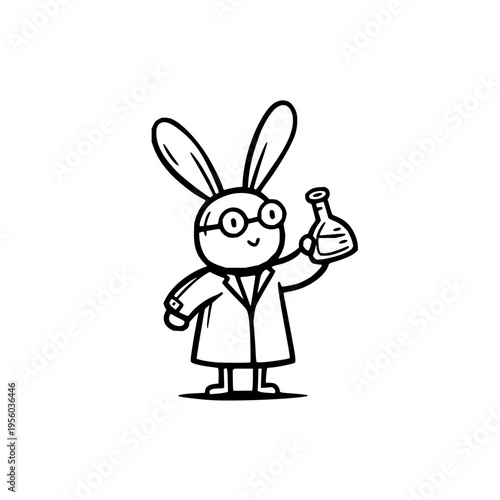 Charming cartoon bunny scientist character in a lab coat and glasses holding a bubbling erlenmeyer flask symbolizing scientific research discovery and innovation with a whimsical