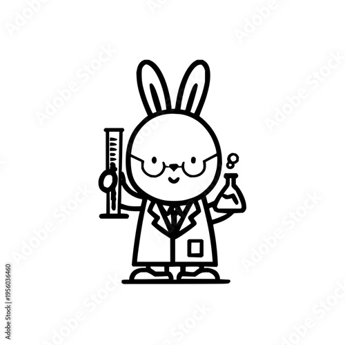 Whimsical cartoon rabbit scientist in a lab coat and glasses holding a graduated cylinder and a bubbling flask representing discovery and innovation in a playful educational