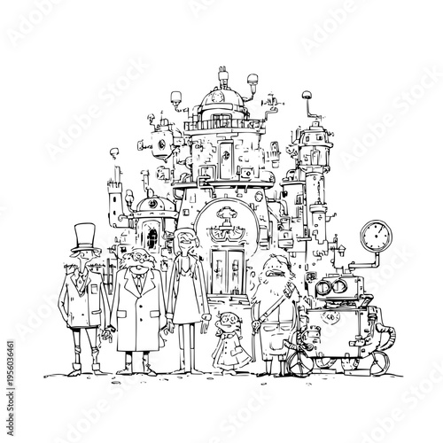 Whimsical steampunk metropolis with eccentric characters in top hats and coats standing before an intricate multi level building filled with gears pipes and gadgets evoking
