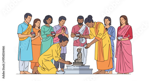 Flat 2D illustration of a group of people in traditional Indian clothing gathered around a Buddha statue on Vesak Purnima in India.