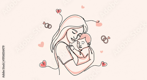 Vector illustration of mother holding baby with hearts
