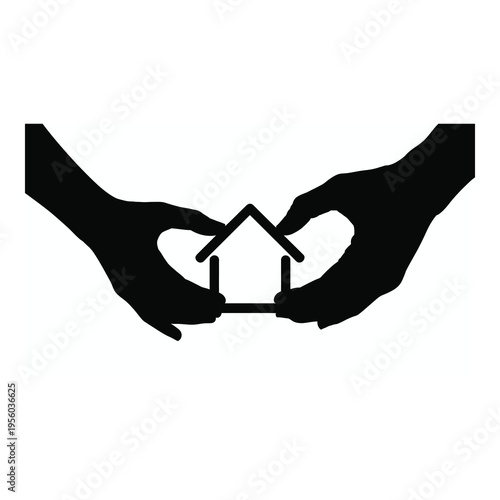 Silhouette of two hands holding a small house icon, representing real estate, home ownership, and property protection
