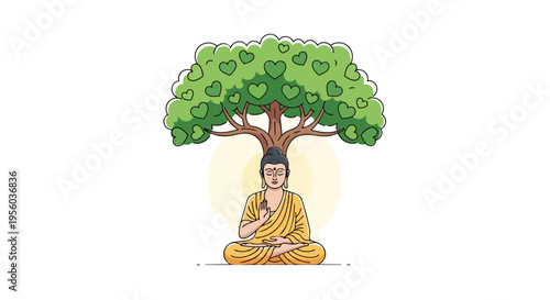 Flat 2D illustration of Buddha sitting cross-legged under a tree on Vesak, Purnima in India with a serene and peaceful mood.