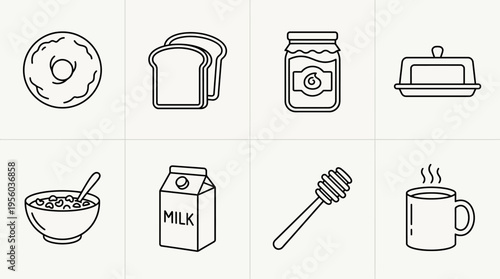 "Minimal line icons of breakfast items including bagel, toast, jam, butter, cereal, milk, honey, coffee."