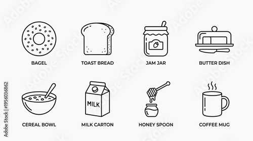 "Minimal line icons of breakfast items including bagel, toast, jam, butter, cereal, milk, honey, coffee."